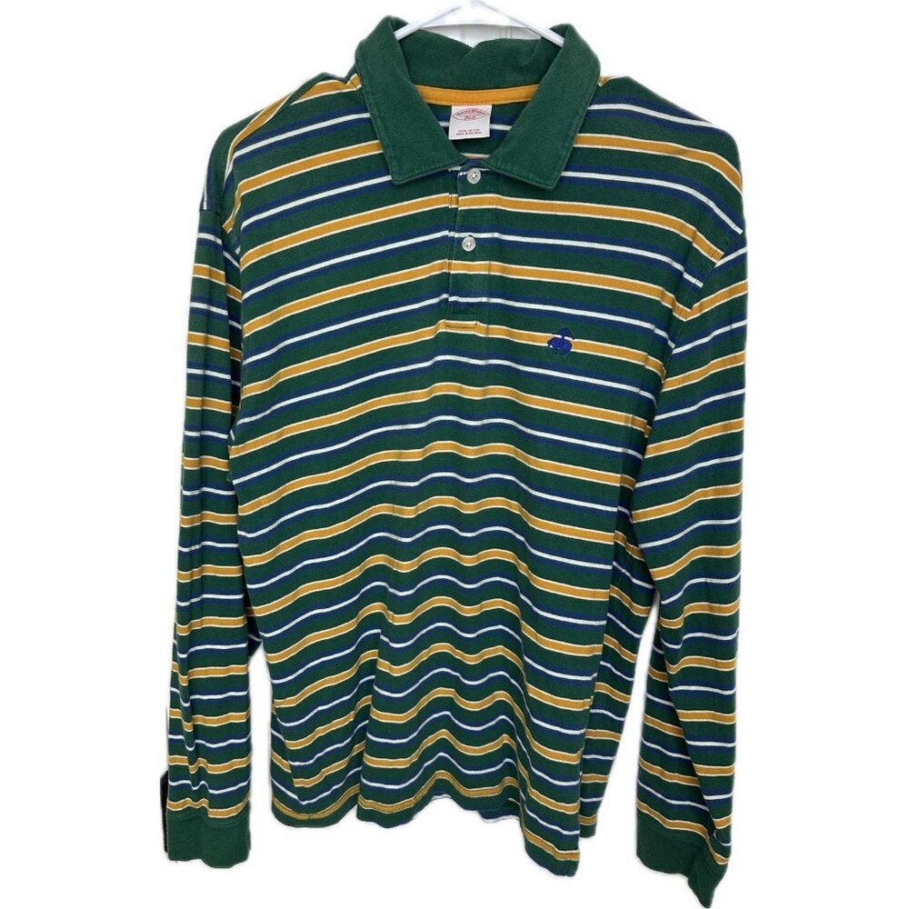 Brooks Brothers 346 Long Sleeve Green Striped Border Polo Shirt Men's L Rugby